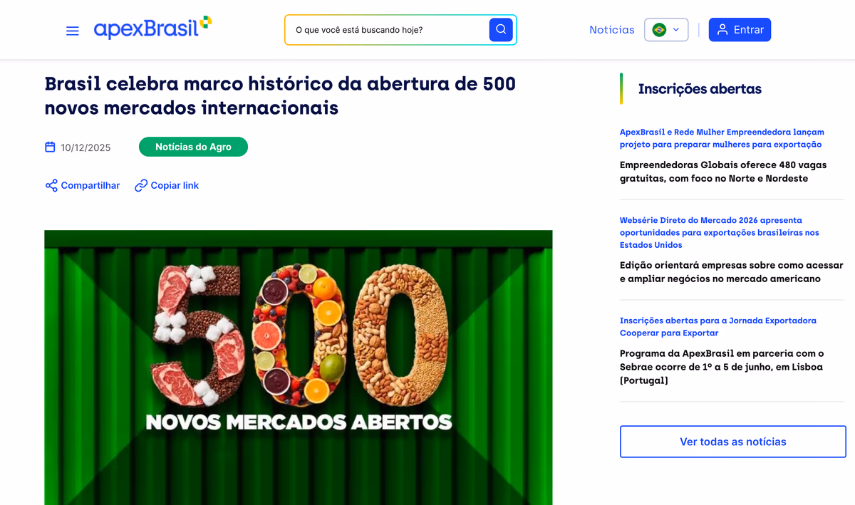 Brasil celebra abertura de 500 novos mercados internacionais