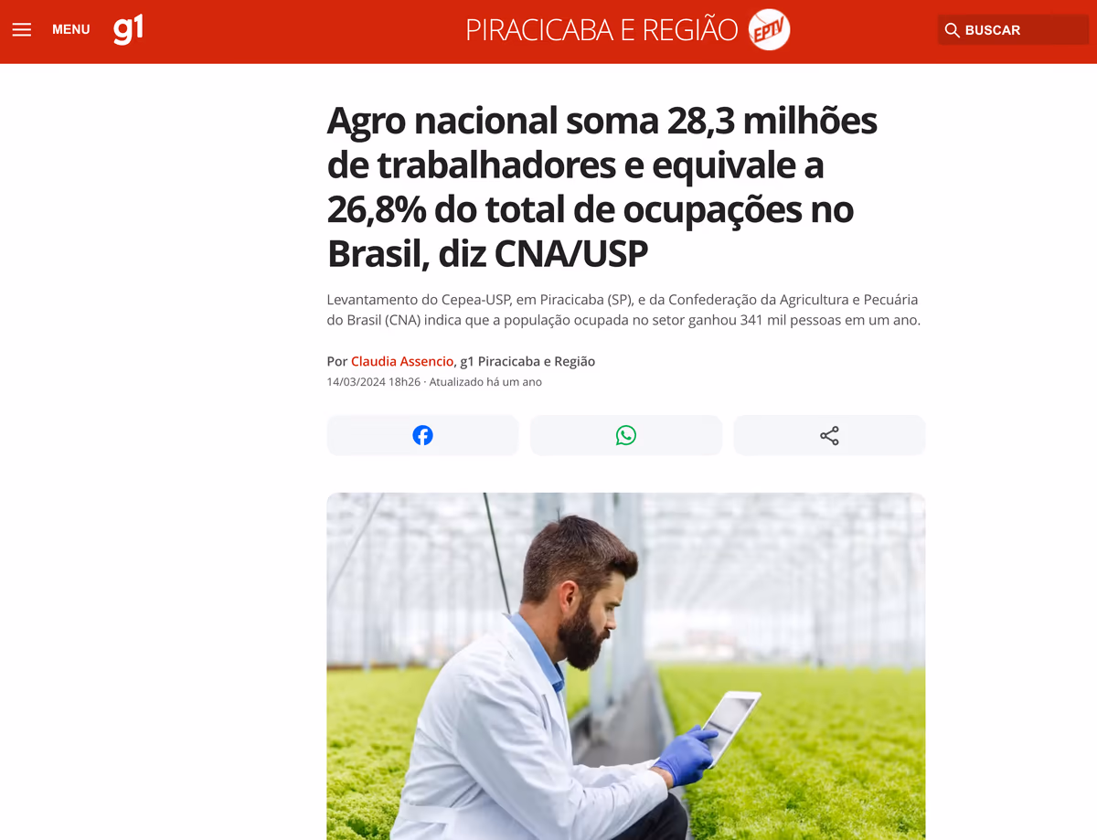 Agro soma 28,3 milhões de trabalhadores no Brasil